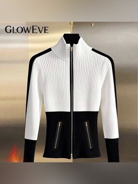 SHEIN Black & White Zip-Front Sweater Jacket